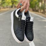 کفش ونس مردانه چرم رنگ مشکی دور دوخت و رویه چرم کد 9158